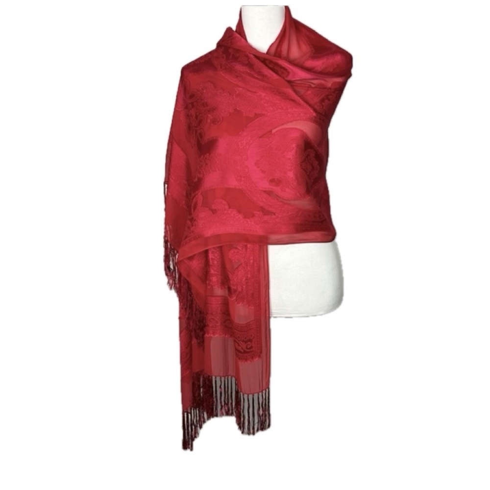 Coldwater Creek Silk Blend Embossed Sheer Chiffon Fringe Wrap Shawl Boho Fairy